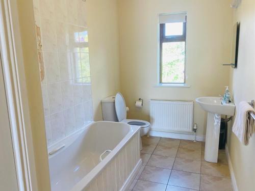 a bathroom with a tub and a toilet and a sink at 3 bedroom home 15 mins drive from Kenmare town in Ardea Bridge