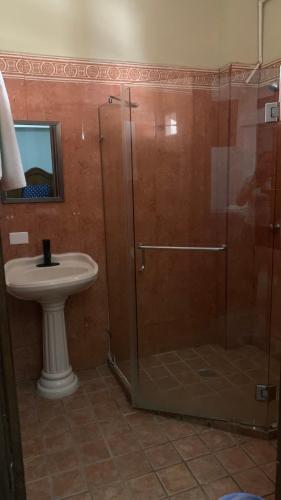 a bathroom with a shower and a sink at Hotel Colonos Los Cabos in Cabo San Lucas