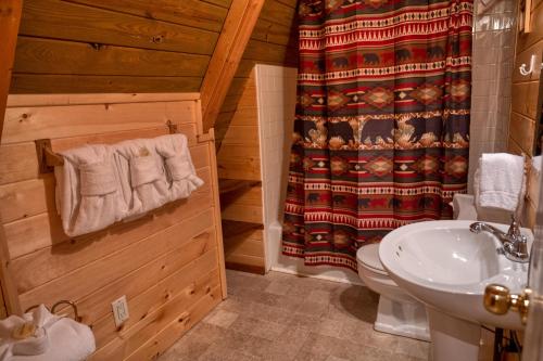 a bathroom with a sink and a toilet and a shower at Smoky Bear Hideaway in Gatlinburg