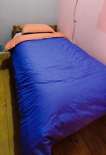 a bed with a blue comforter in a bedroom at Hostal Perro Watón in Valparaíso