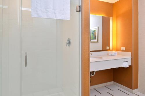 a bathroom with a sink and a shower at Fairfield Inn & Suites by Marriott Sacramento Airport Woodland in Woodland