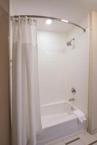 a white bath tub with a shower curtain in a bathroom at Fairfield Inn & Suites by Marriott Lynchburg Liberty University in Lynchburg