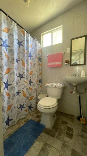 a bathroom with a toilet and a sink and a shower curtain at Villa Playa Encantada in Barra de Tuxpan
