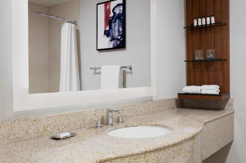 a bathroom with a sink and a mirror at Delta Hotels by Marriott Burlington in Burlington