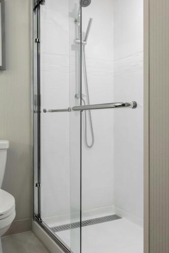 a glass shower stall in a bathroom with a toilet at Delta Hotels by Marriott Indianapolis Airport in Indianapolis