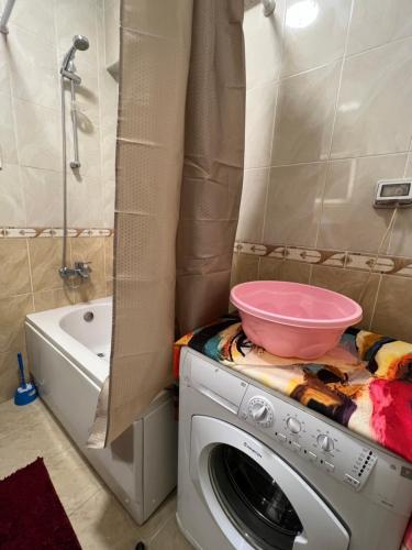 eine Waschmaschine mit einer rosa Schale darüber in der Unterkunft 2 bedroom apartment in rehab cityy in Burg el-Ḥudûd