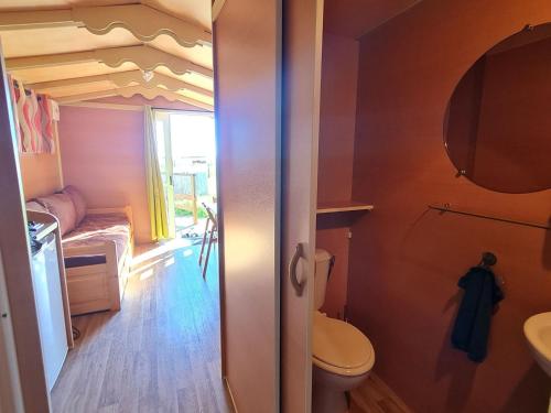 a small bathroom with a toilet and a sink at Roulotte Bohème Confort au Sud de Nancy - FR-1-584-364 in Burthecourt-aux-Chênes