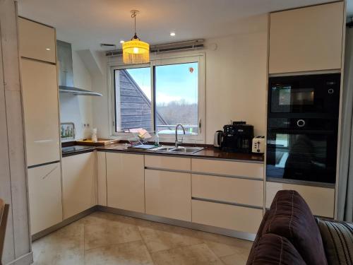 une cuisine avec un évier et une fenêtre dans l'établissement Gîte en Sologne avec Activités & Vol en Montgolfière - FR-1-590-550, à Jouy-le-Potier