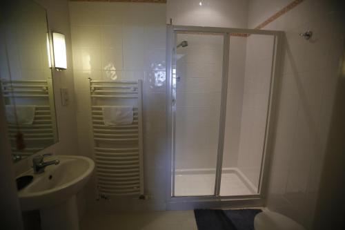uma casa de banho com um chuveiro e um lavatório. em Bankside Bed & Breakfast em St Austell