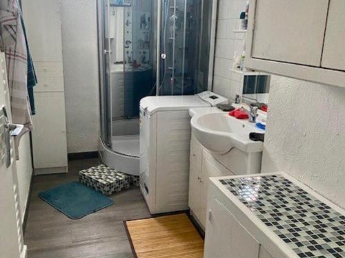 a white bathroom with a shower and a sink at Appartement F3 avec Wi-Fi, clim portable & parking à Amélie-les-Bains - FR-1-703-200 in Amélie-les-Bains-Palalda