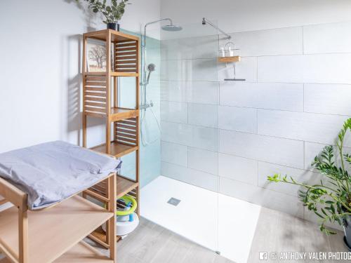 a bathroom with a shower stall and a shelf at Villa spacieuse avec jardin, cheminée et billard, 5 chambres pour 10 pers. - FR-1-786-35 in Les Avirons