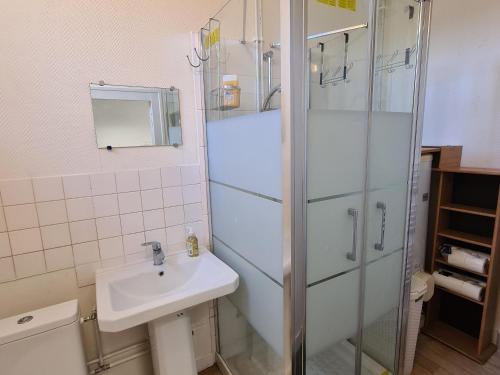 a bathroom with a sink and a glass shower at Séjour nature proche Orléans avec animaux et étang - FR-1-590-560 in Bucy-Saint-Liphard