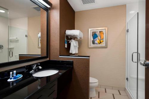 a bathroom with a sink and a toilet and a mirror at Fairfield Inn & Suites by Marriott Little Rock Benton in Benton