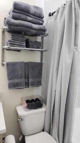 a bathroom with a toilet with a shower curtain and towels at Charming Oasis Tranquil Suite 8 min Airport, AC in Calgary