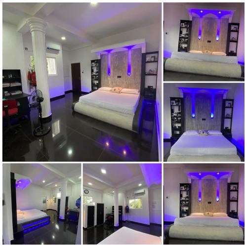 un collage de fotos de un dormitorio con iluminación púrpura en Darshana Villa, en Dodanduwa