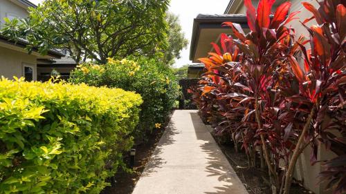 a garden path with plants next to a house at Villages At Mauna Lani 621 in Waikoloa