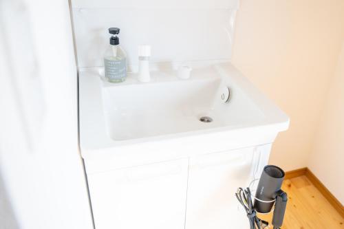 a bathroom with a white sink and a mirror at hostel ALA in Kawaminami