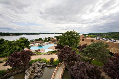 an aerial view of a resort on a river at Lodge of Four Seasons Golf Resort, Marina & Spa in Lake Ozark