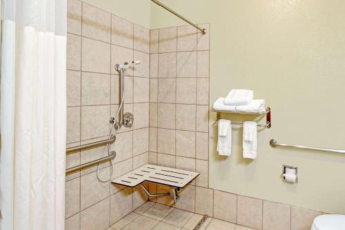 a bathroom with a shower with a bench in it at Baymont by Wyndham Decatur in Decatur