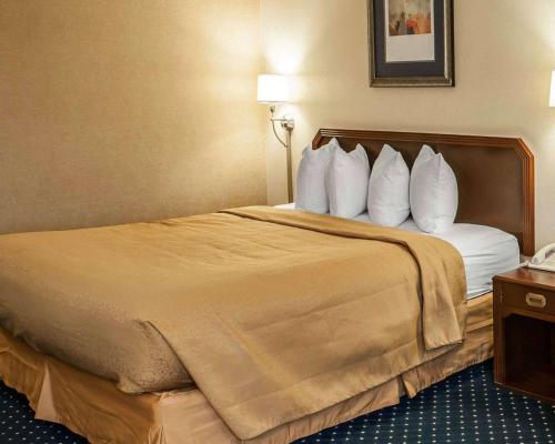 a hotel room with a large bed with white pillows at Quality Inn & Suites Goshen in Goshen