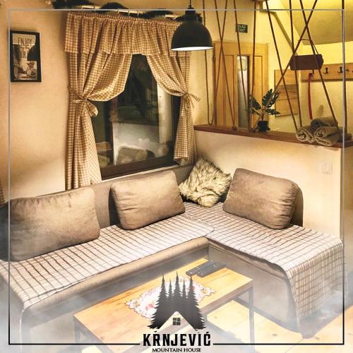 a living room with a couch and a table at Vila Krnjević Jastrebac in Buci