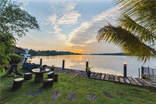 a view of a body of water with a palm tree at River View Villas in Aluthgama