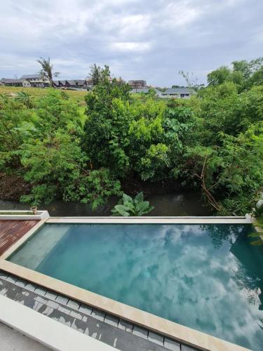 an empty swimming pool in a yard with trees at DKD ROOM Pererenan Canggu in Canggu
