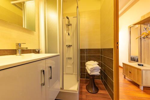 une salle de bain avec un lavabo et une douche dans l'établissement Auberge le John Steele, à Sainte-Mère-Église