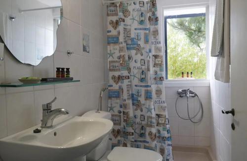 een badkamer met een wastafel, een toilet en een douchegordijn bij Blue Marina in Sivota