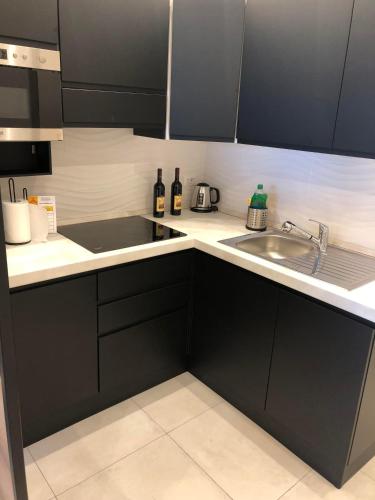 a kitchen with black cabinets and a sink at Domus Aurelia in Rome