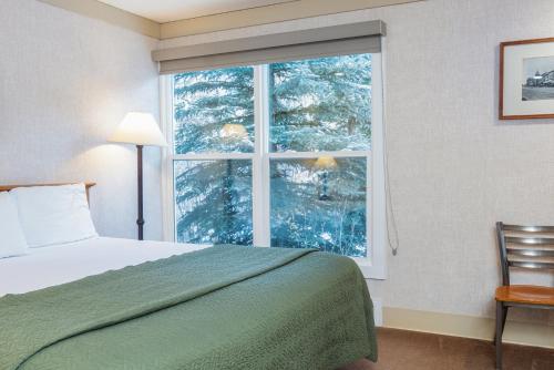 a bedroom with a bed and a large window at Mountainside Inn 211 by Alpine Lodging Telluride in Telluride