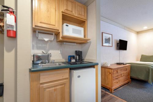 a small kitchen with a sink and a bed at Mountainside Inn 107 by Alpine Lodging Telluride in Telluride