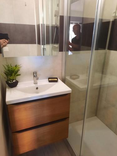 une salle de bain avec un lavabo et une douche dans l'établissement cap ou pas cap, au Cap d'Agde