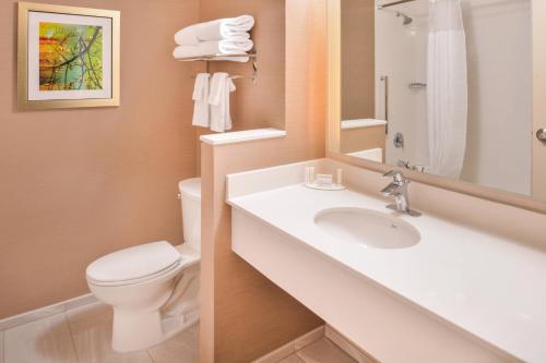 a bathroom with a sink and a toilet and a mirror at Fairfield Inn & Suites by Marriott Eugene East/Springfield in Eugene