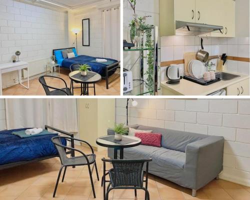 2 Bilder von einer Küche und einem Wohnzimmer in der Unterkunft 504 Lovely Cosy Private Studio Apartment Central in Melbourne