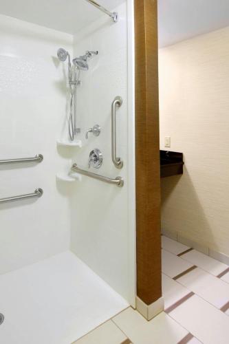 a shower in a bathroom with a glass door at Fairfield Inn by Marriott East Rutherford Meadowlands in East Rutherford