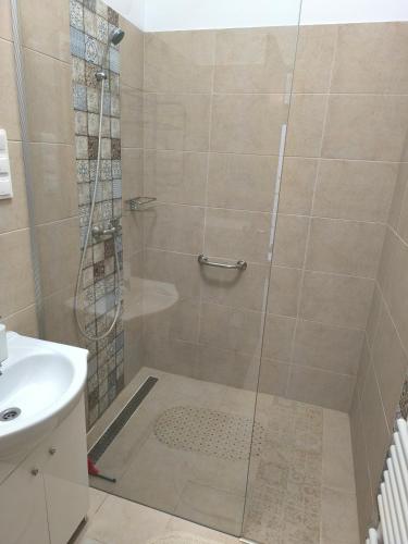 una doccia con una porta in vetro in un bagno di Patricia Apartman a Keszthely