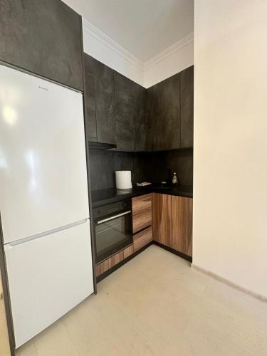 a kitchen with a white refrigerator and wooden cabinets at Glamorous One in Brăila