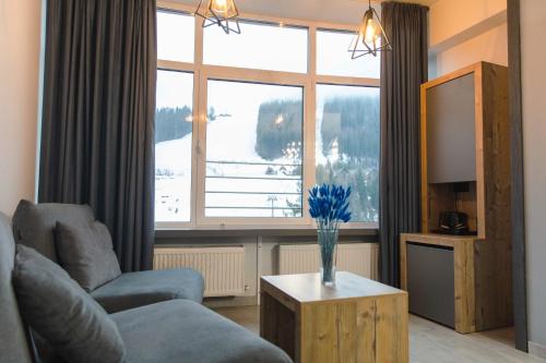 a living room with a couch and a large window at Синя гора in Bukovel