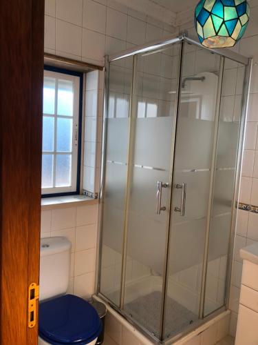 a bathroom with a glass shower with a toilet at Casa das Conchas in Ericeira