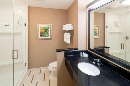 a bathroom with a sink and a toilet and a mirror at Fairfield Inn & Suites by Marriott Houston Pasadena in Pasadena