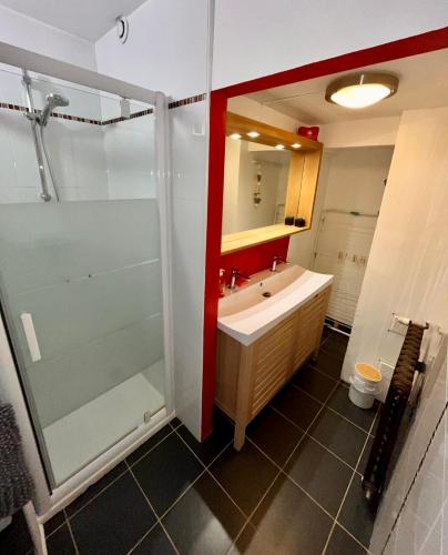 une salle de bain avec une douche en verre et un lavabo dans l'établissement Centre de Luchon grand Appartement rénové, à Luchon