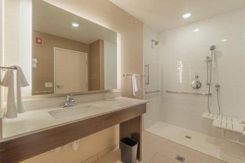 a bathroom with a sink and a mirror and a shower at Fairfield Inn & Suites by Marriott Gaylord in Gaylord