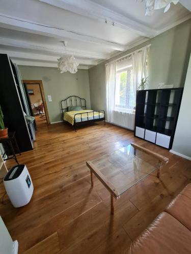 a living room with a coffee table and a couch at Airport Private Apartment, Advance Registration, No Reception, Self Check-in, Calm Environment, Non-Smoking Guests in Kněžívka