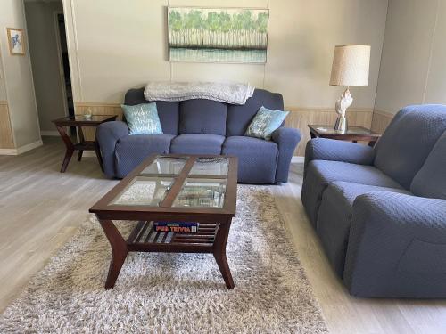 a living room with a blue couch and a coffee table at ChassRiverVibes in Homosassa