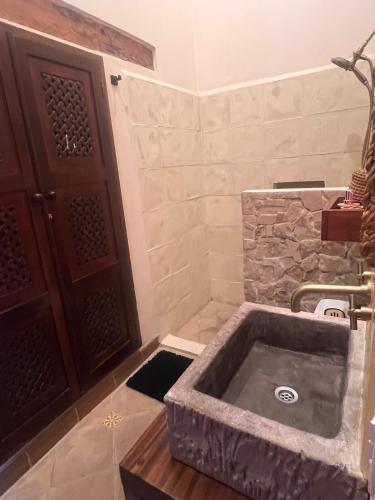 a bathroom with a stone sink and a wooden door at Central Park Luxurious Historical Home With Pool in Granada