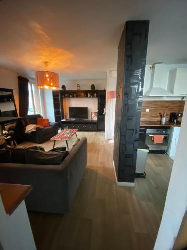 un salon avec un canapé et une cuisine dans l'établissement Bel appartement spacieux ,convivial de 3 chambres avec parking privé sécure, à Caen