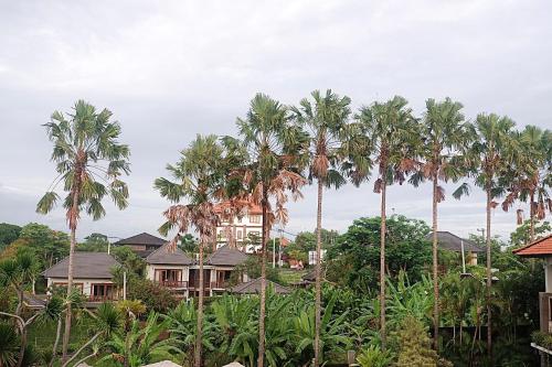 a group of palm trees in front of houses at Ponder Bali Canggu in Canggu