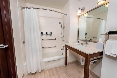 a bathroom with a sink and a shower with a shower curtain at Four Points By Sheraton Houston Energy Corridor in Katy