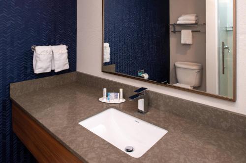 a bathroom with a sink and a mirror and a toilet at Fairfield Inn & Suites High Point Archdale in Archdale